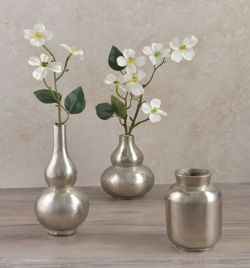 Decorative Mini Aluminum Vases, Antique Silver Set of 3
