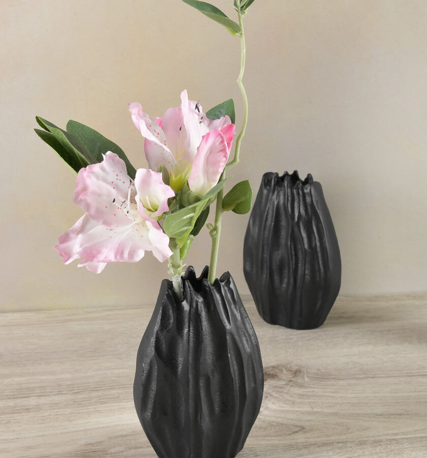 5in Tall Black Aluminum Bark Look Mini Vase Set of 2